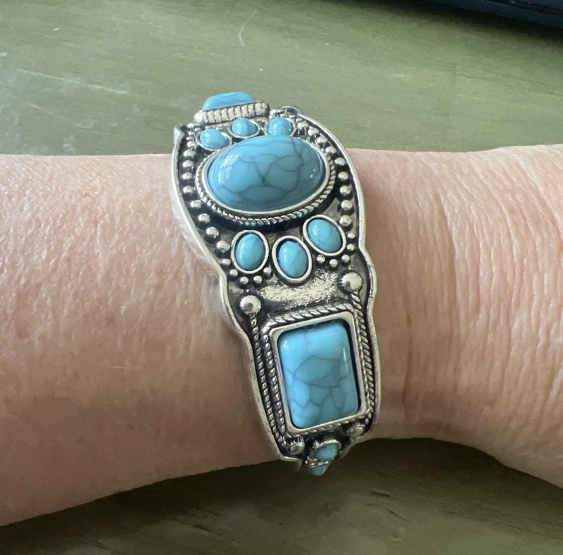 Turquoise Cuff Bracelet Western Boho Silvertone Jewelry gallery