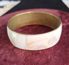 Mother of Pearl Shell Inlay White Bangle Bracelet with Gold Tone Metal