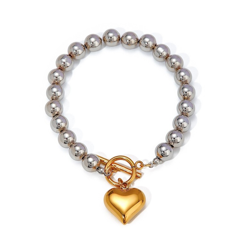 Woman 18K Gold Plated Beaded Ball Chain Heart Bracelet Bangle Toggle 8.7'' gallery