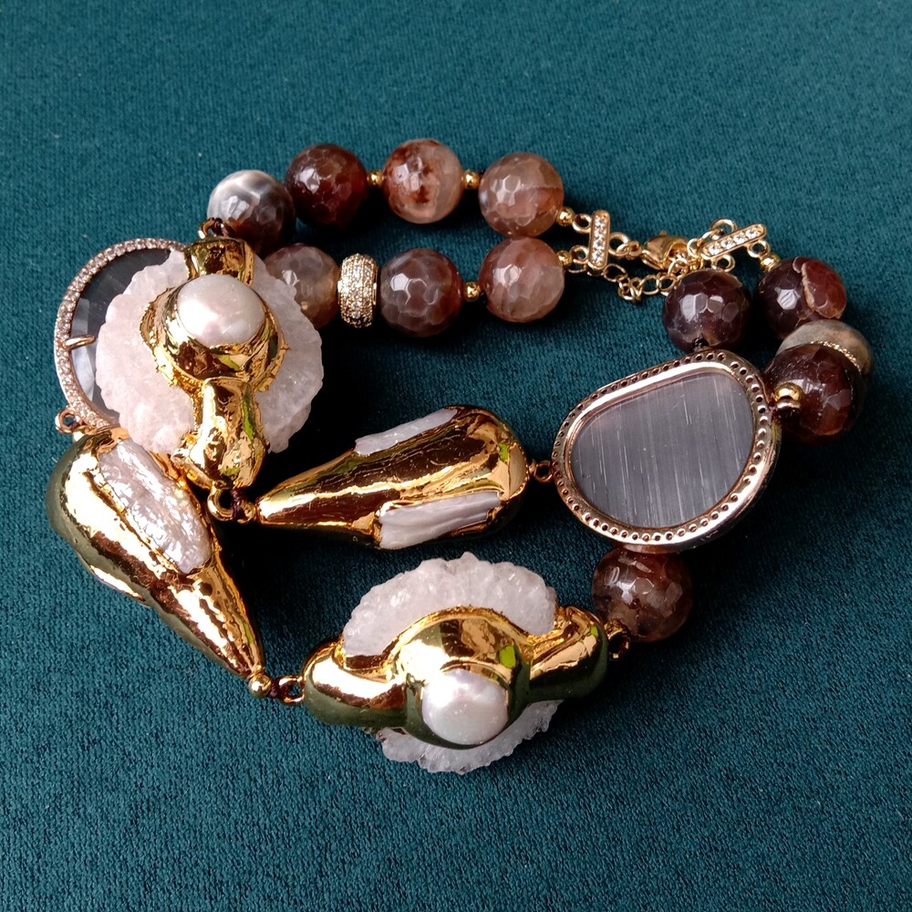 2 Strands Brown Agate White Pearl Cat Eye Quartz Druzy Slice Beaded Bracelet gallery