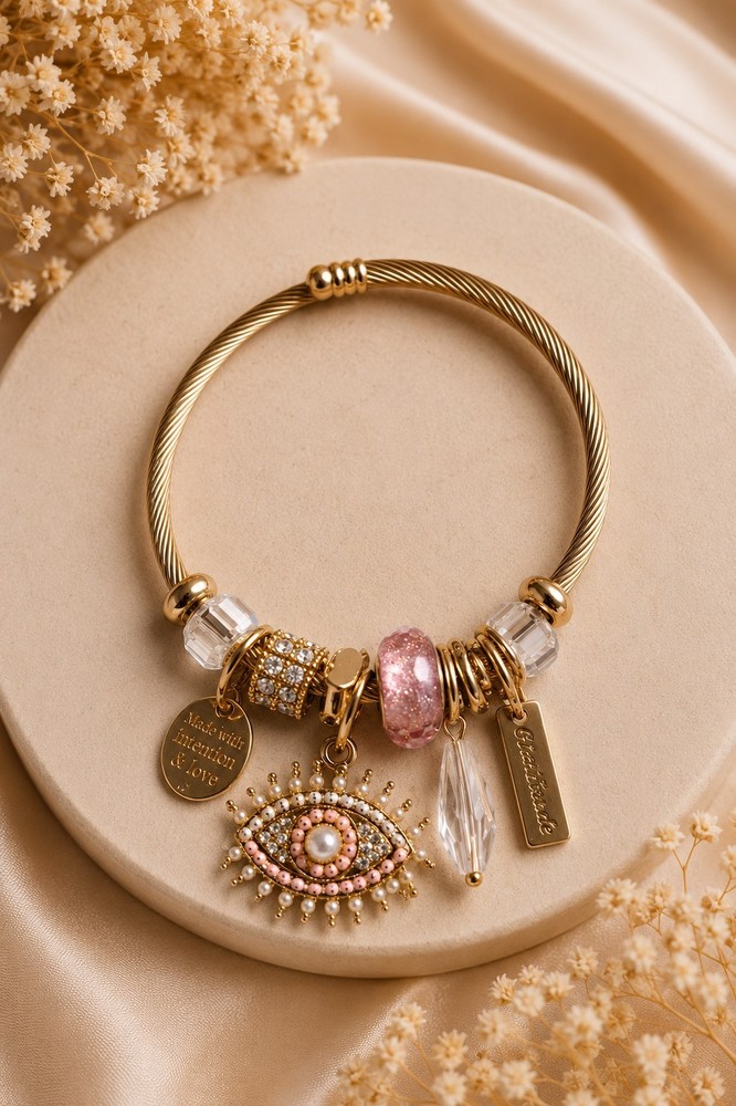 Gold Tone Stackable Charm Bangle Bracelet w/ Pink Clear Crystal Beads Love