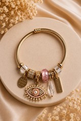Gold Tone Stackable Charm Bangle Bracelet w/ Pink Clear Crystal Beads Love