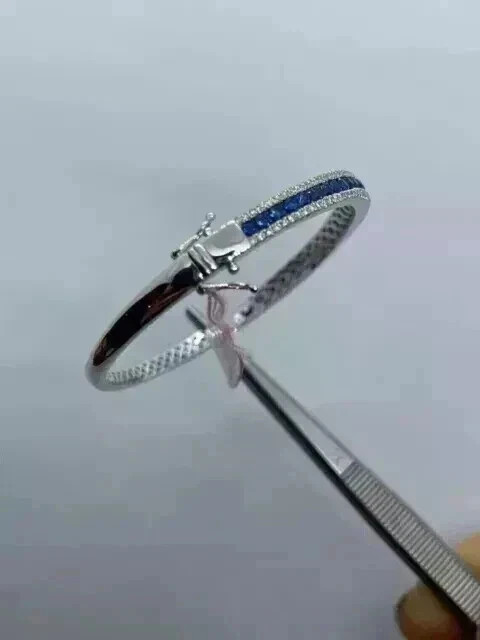 9Ct Princess Cut Simulated Blue Sapphire Bangle Bracelet 14K White Gold Plated gallery