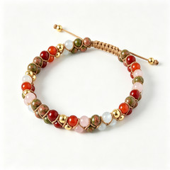 Natural Mixed Gemstone Macrame Bracelet Unakite Carnelian Moonstone Rose Quartz