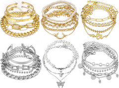 18-25 PCS(6 Pack) Boho Gold Bracelets Set for Women Stackable Chunky Dainty Bang