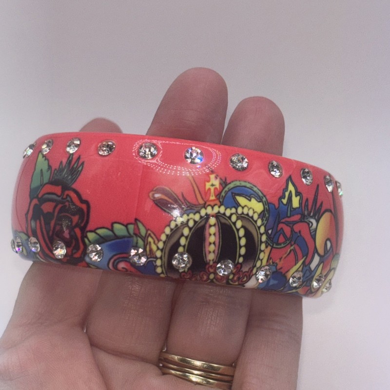 Vintage Ed Hardy Wide Hard Plastic Bangle Bracelet Small Crystal Rhinestones gallery