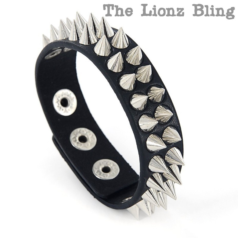 Gothic Punk Black Leather Band Bracelet with 2 Rows of Silver Spikes gallery