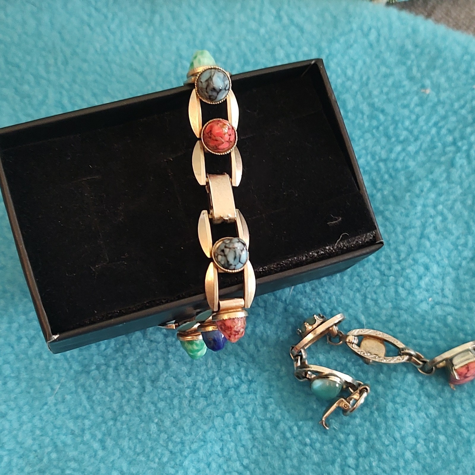 vintage set of 2 silver Link Chain Bracelet with Multi Round Cabochon Stones gallery