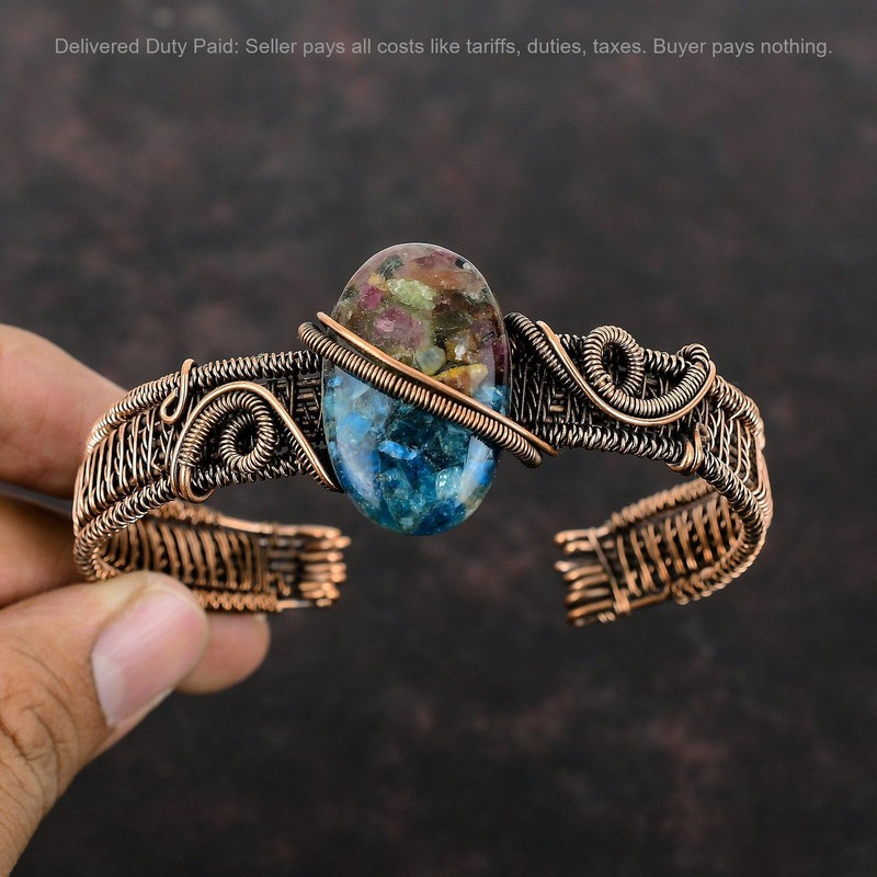 Copper Oval Natural Watermelon Tourmaline Wire Wrapped Handmade New Cuff Jewelry gallery