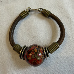 Boho Artisan Leather Bracelet Hand Painted Glass Bead Brown Leather Cord Rustic