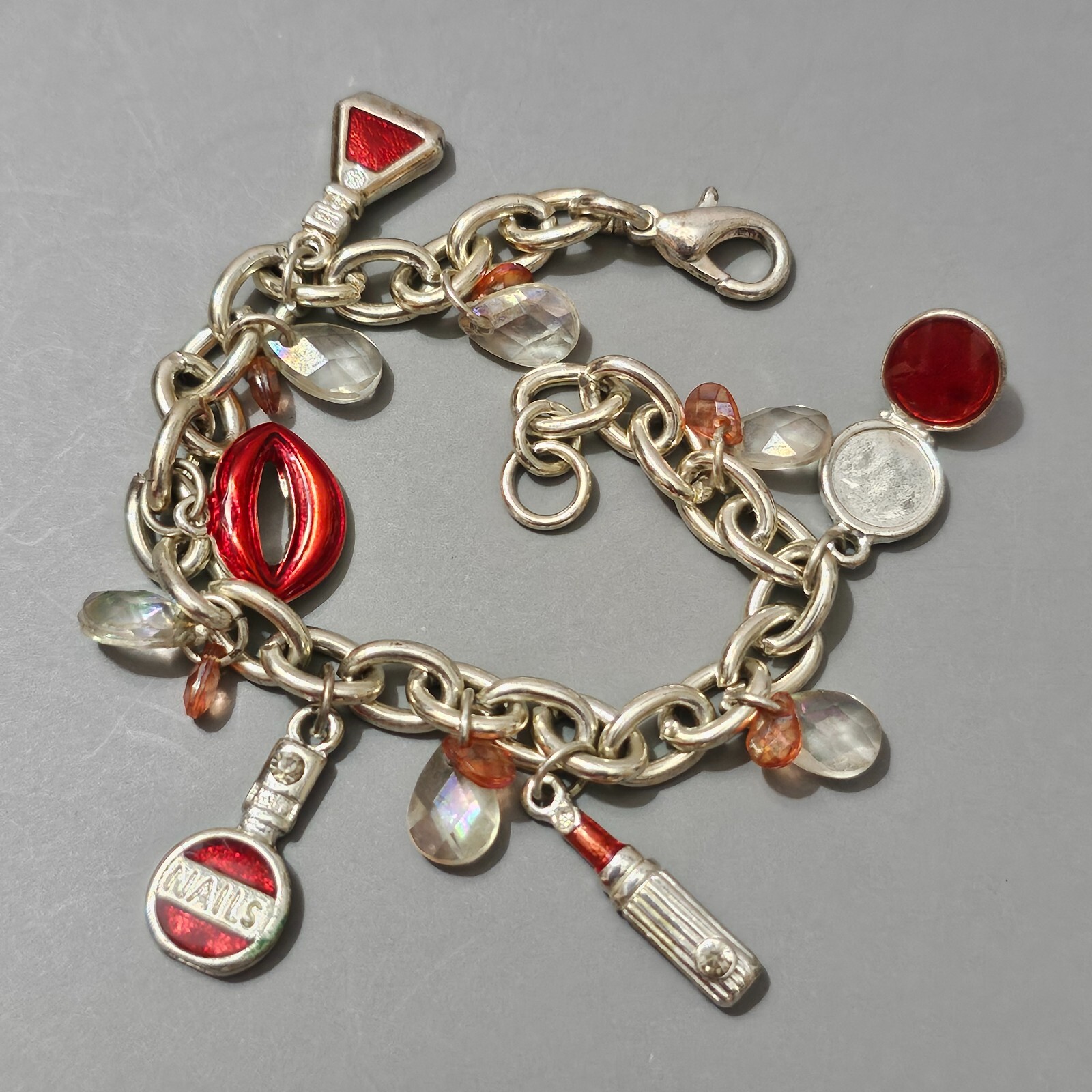 MakeUp Charm Bracelet Shopping Fashion Novelty Red Lipstick Compact Silvertone gallery
