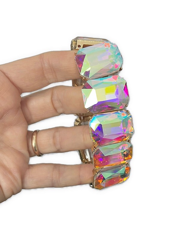1" Wide Statement Chunky Stretchable Evening Bracelet Aurora Borealis Crystals gallery