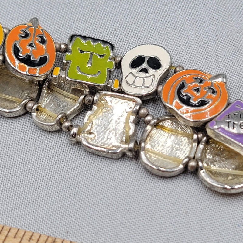Halloween Enamel Panel Bracelet Gold tone Elastic 6.5" gallery