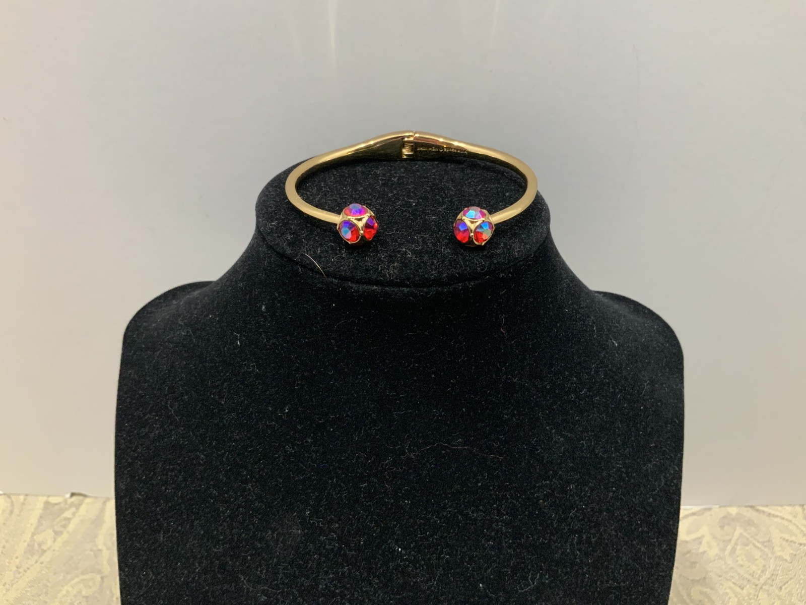 Kate Spade Red Aurora Borealis Open Cuff Hinged Pavé Gold Tone Bracelet gallery