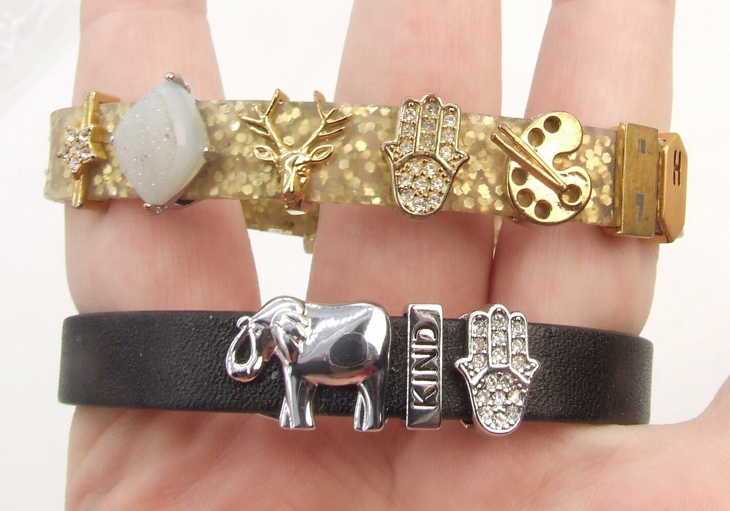 Two kc Crystal Hamsa Fatima Hand Slider Bead Bracelets Black/Silver Gold/Glitter gallery