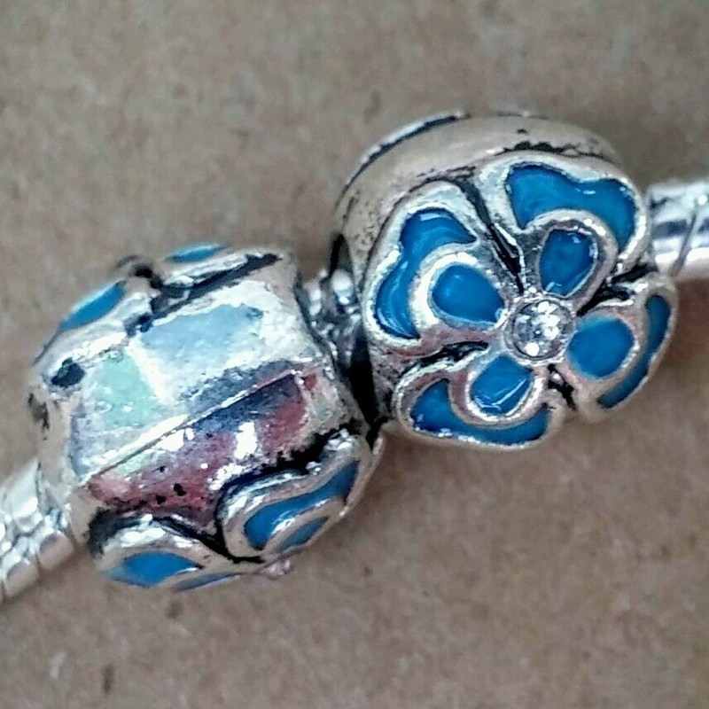2PC Silver Plated Ocean AQUA BLUE Blossom Flower Clear CZ European Spacer Charms gallery