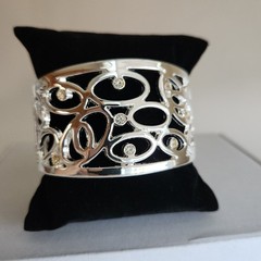 Wide Silver Tone Hinged Bangle Bracelet | Clear Rhinestones | 7″ Fit | Statement