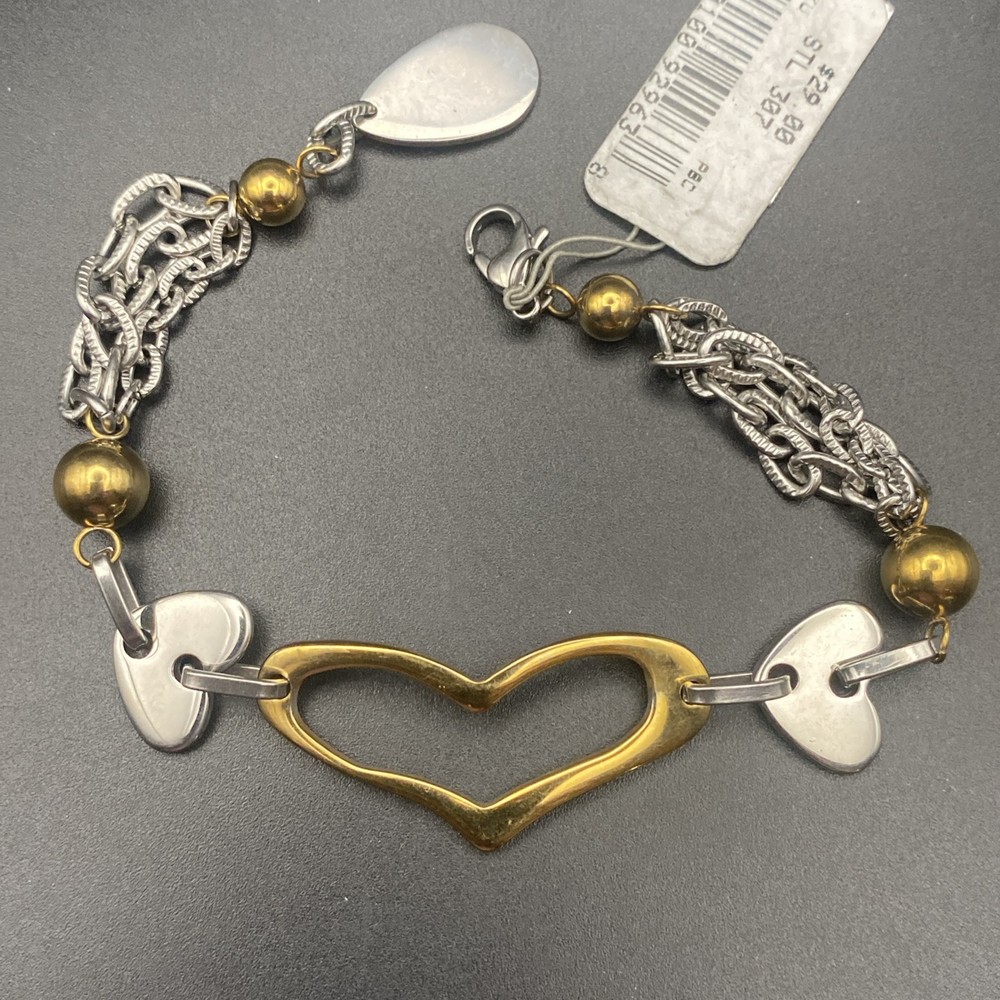 NWT Bracelet Stainless Steel Two-Tone Love Heart Link Bead Textured Chain 7.75"