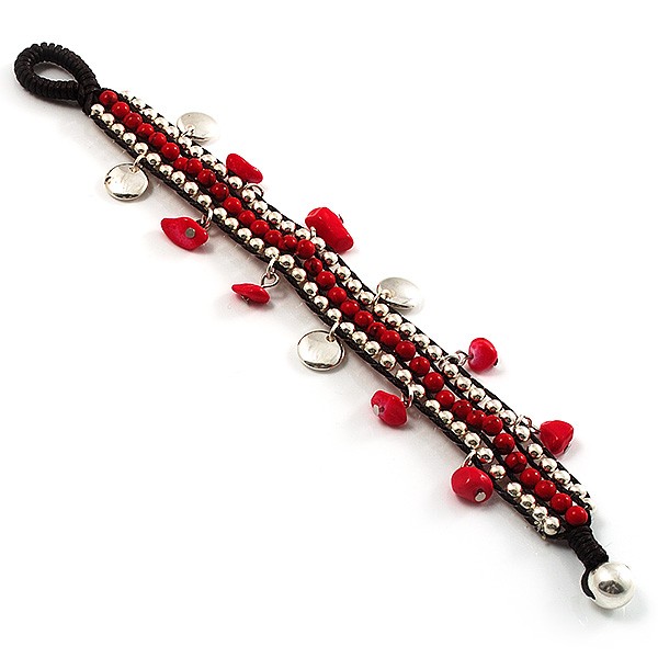 Bright Red Semiprecious Stone Charm Wristband Bracelet (Silver Tone) gallery