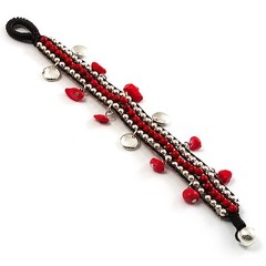 Bright Red Semiprecious Stone Charm Wristband Bracelet (Silver Tone)