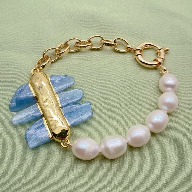 Cultured White Rice Pearl Kaynite Bracelet Blue Gemstone Jewelry gallery