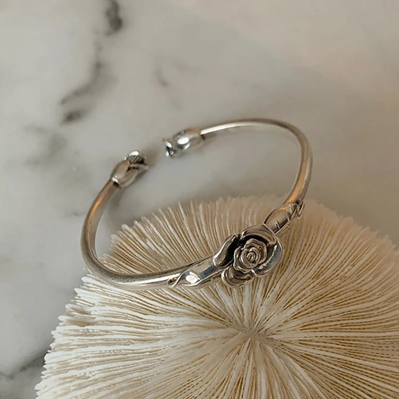 Vintage Flower Retro Rose Cuff Bangle 925 Sterling Silver Women Jewelry Bracelet gallery