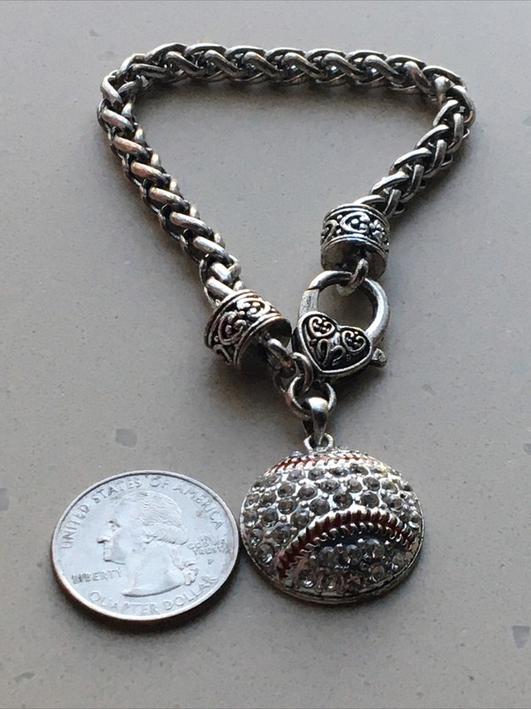 Vintage Small One Size None Stretch Baseball Novelty Silver Rhinestone Bracelet gallery