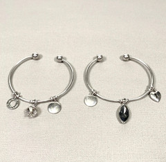 Silver Tone Barbell Cuff Charm Bracelet Set Stackable Rhinestone Heart Key
