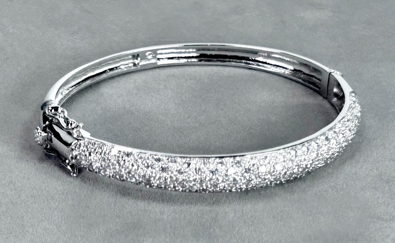 KC Bangle Bracelet Pave Set Rhinestones Silver Tone Signed Vintage 8" J60 gallery