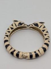Stella & Dot Rhinestone Enamel Zebra Print Bangle Bracelet Gold Tone Hinged Cuff