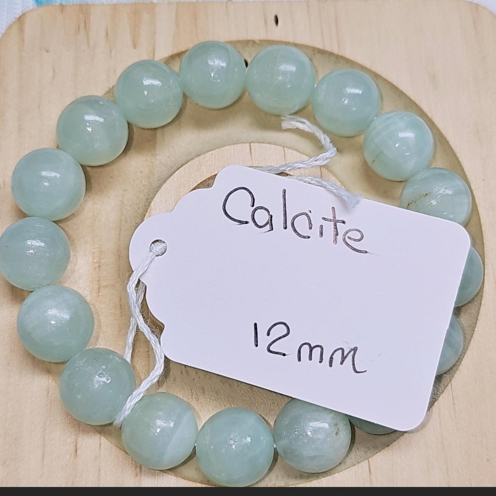 Green Calcite 12mm Round Gemstone Beaded Bracelet, Tie Closure gallery