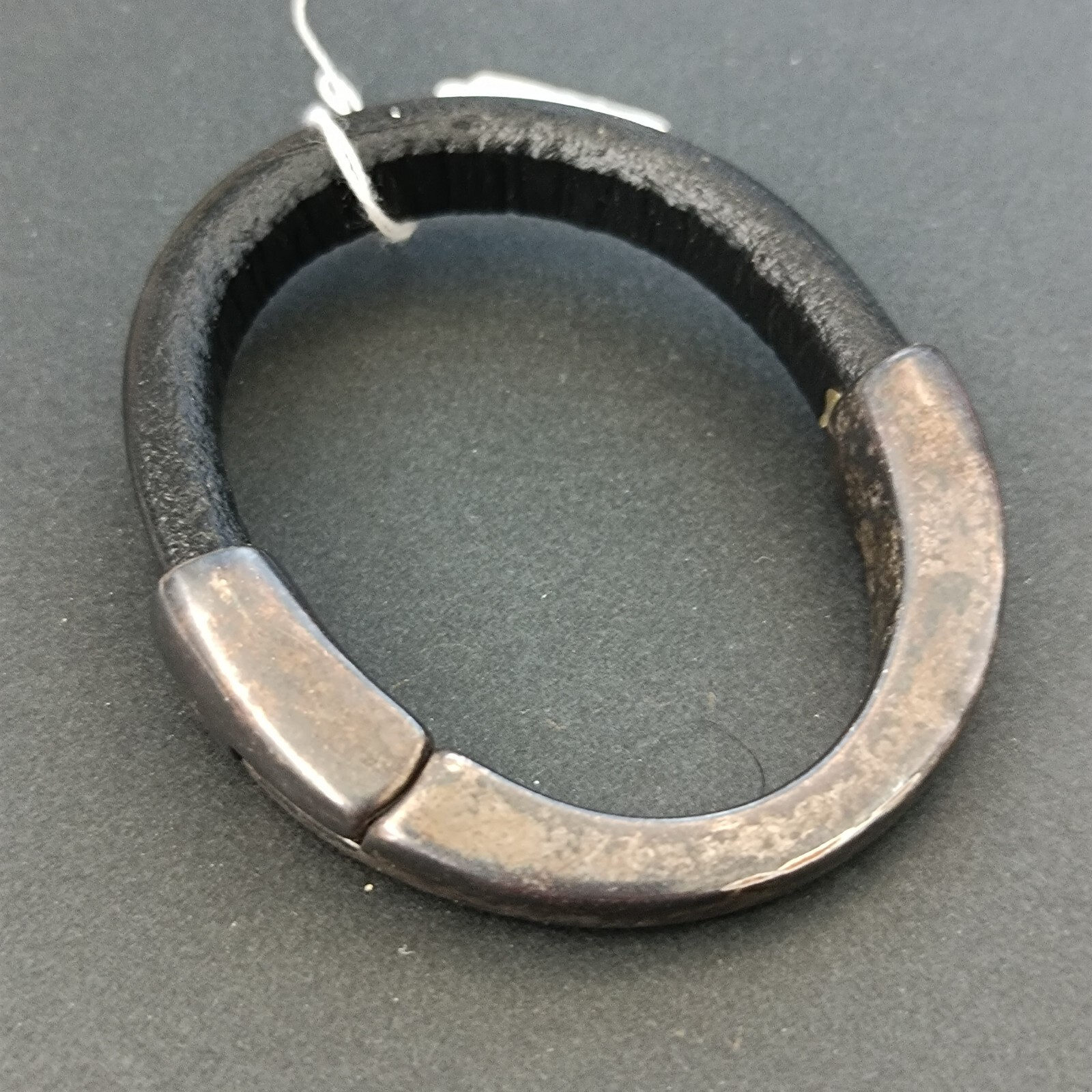 Black Leather Look Bracelet Magnetic Silver Tone Grunge Modernist Heavy Patina gallery