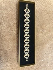 Gold Tone Heart Bar Link Bracelet w/ Imitation Pearls, Clear Crystals, Signed