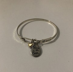 Brighton PEACE ON EARTH Silver Squeeze Bangle Teardrop Charm Gold Bird Bracelet