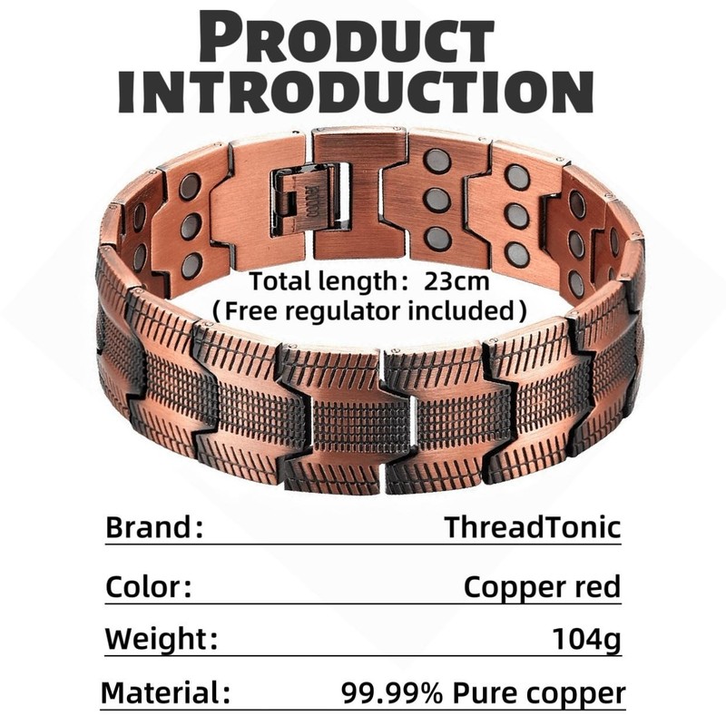Adjustable Men's Copper Magnetic Bracelet with Sizing Tool and Magnets gallery