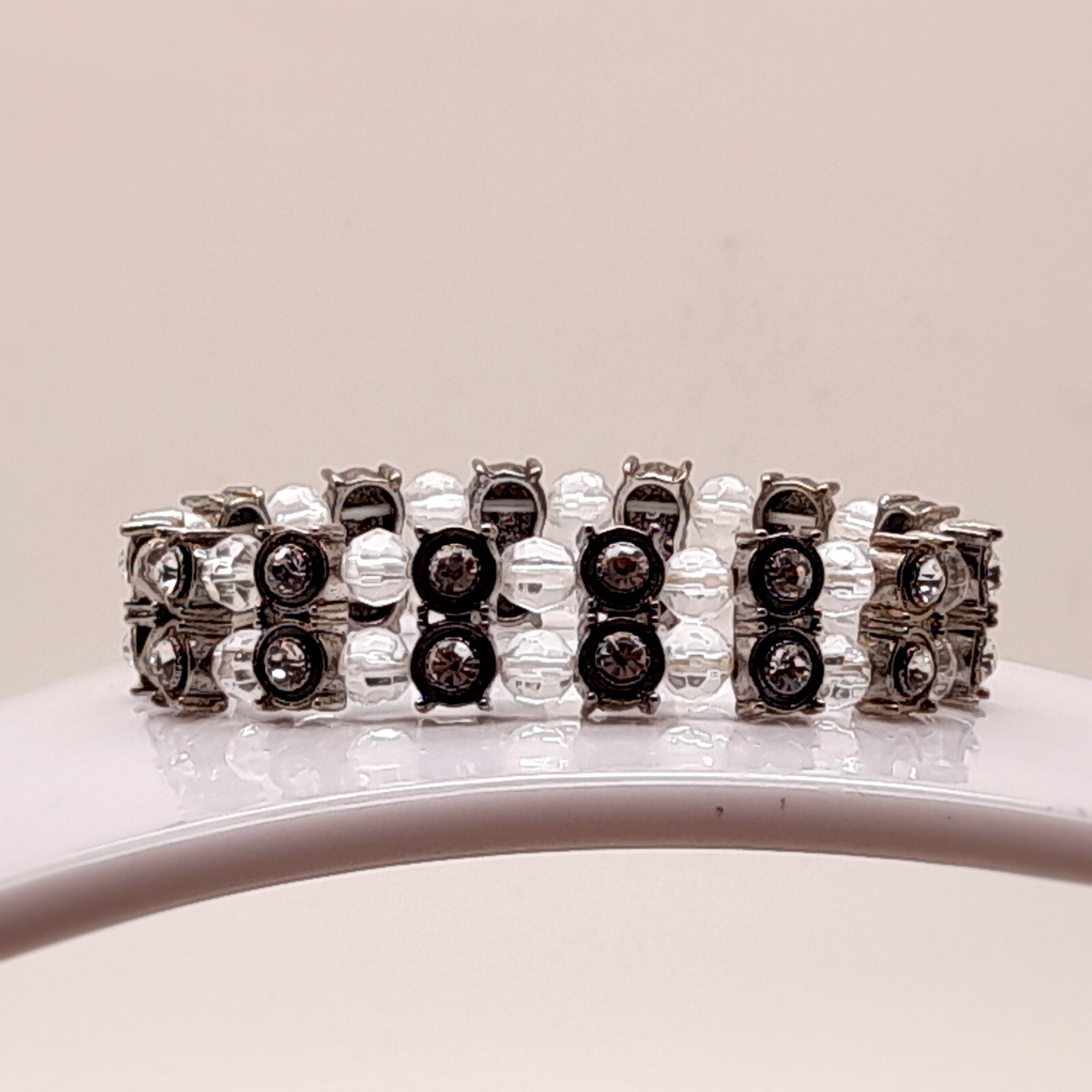 Boho Double Row clear bead Stretch Bracelet With in Antique Silver clear crystal gallery