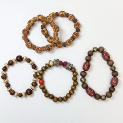 Wood Bead Stretch Bracelet Wooden Lot Carved Boho Mixed Media Glass Metal (5)