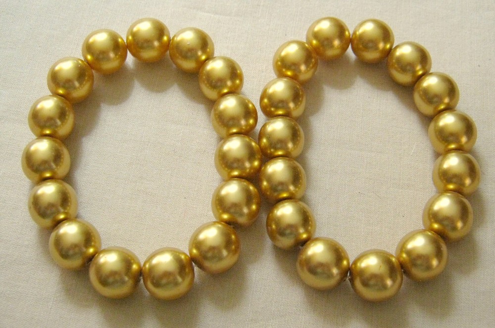 Signed JOAN RIVERS Czech Republic Gold Tone 12mm BEAD Stretch BRACELET Pair