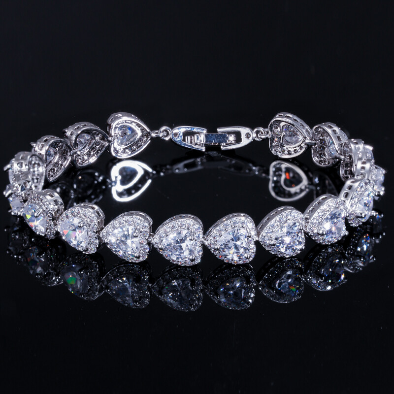 White Gold Plated Cubic Zirconia CZ Green Romantic Love Heart Bracelet for Women