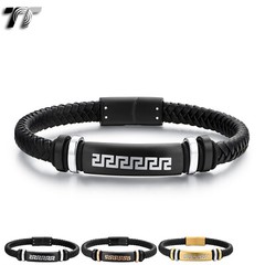 TT Black Leather 316L S.Steel Greek Key Magnet Buckle Bracelet (BR345)2024 NEW