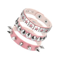 3Pcs, Studded Leather Bracelet Set 8.7″/22cm Adjustable Bracelets Pink