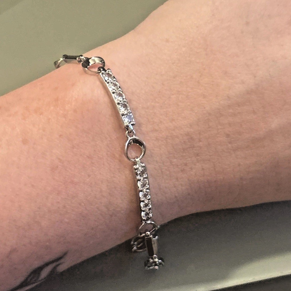 Silver Station Bar Link Bracelet | Minimalist, White Gold Plated, Modern, Trendy