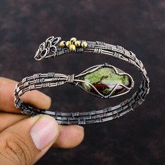 Natural Dragon Bloodstone Bangle Wire Wrapped Green Adjustable Unknown Copper