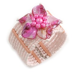 Light Pink Glass Bead Flex Cuff Bracelet with Shell Flower – M/ L