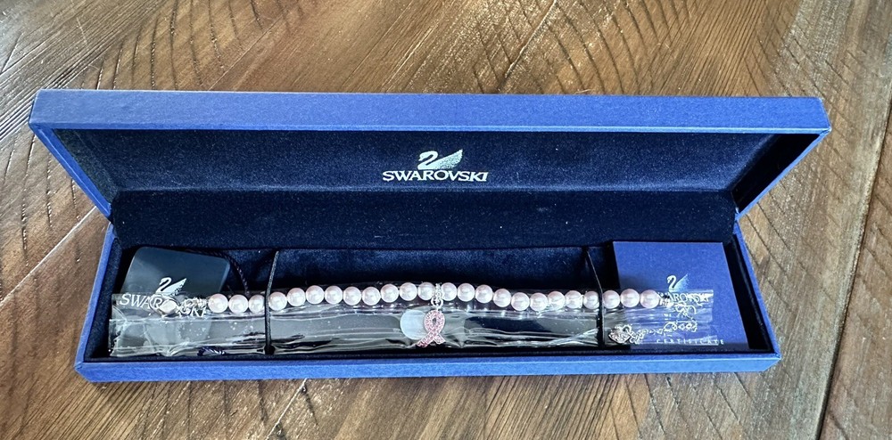 SWAROVSKI Swan Signed Pink Pearl And Crystal Breast Cancer Ribbon Bracelet NIB