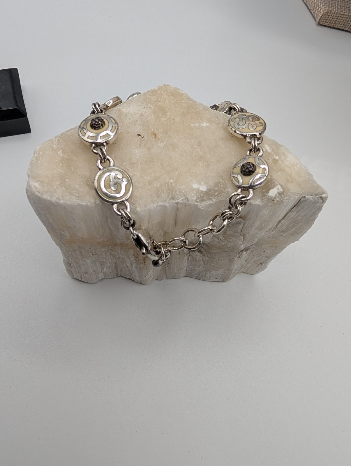 Brighton RARE Ramano Link Bracelet Silver Tone Cream Enamel Swirl Floral Design gallery