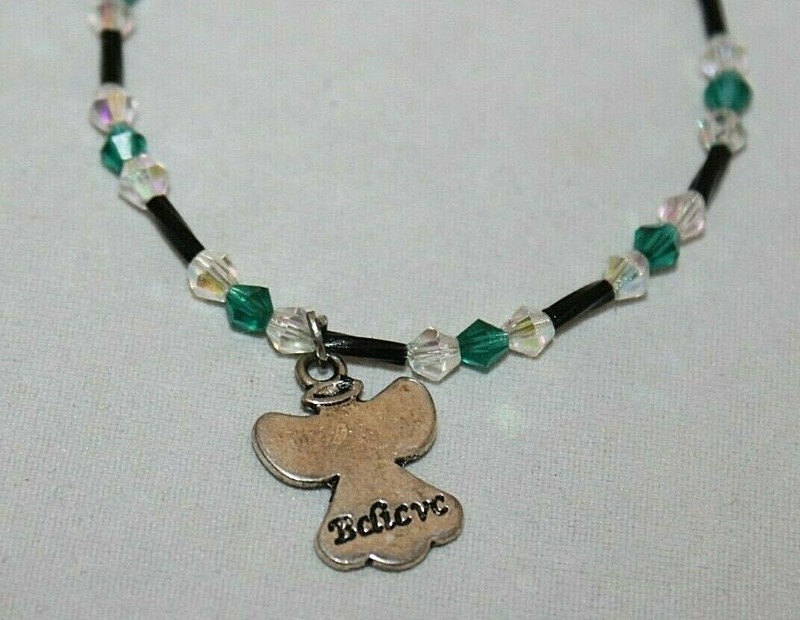 Angel Charm FASHION BRACELET BLACK, CLEAR & GREEN with Barrel CLOSURE 8" LONG gallery