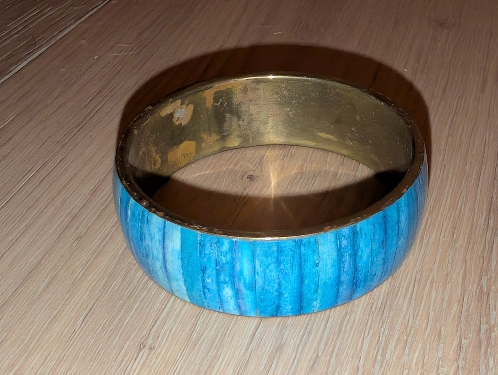 Vintage Blue Bangle Bracelet Brass Multi Blue Insets, Unknown Metal
