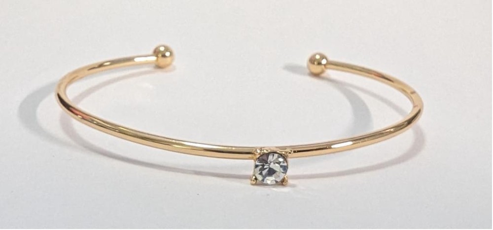 Goldtone Bangle Bracelet Solitaire Clear Crystal Accent Womens Adjustable New