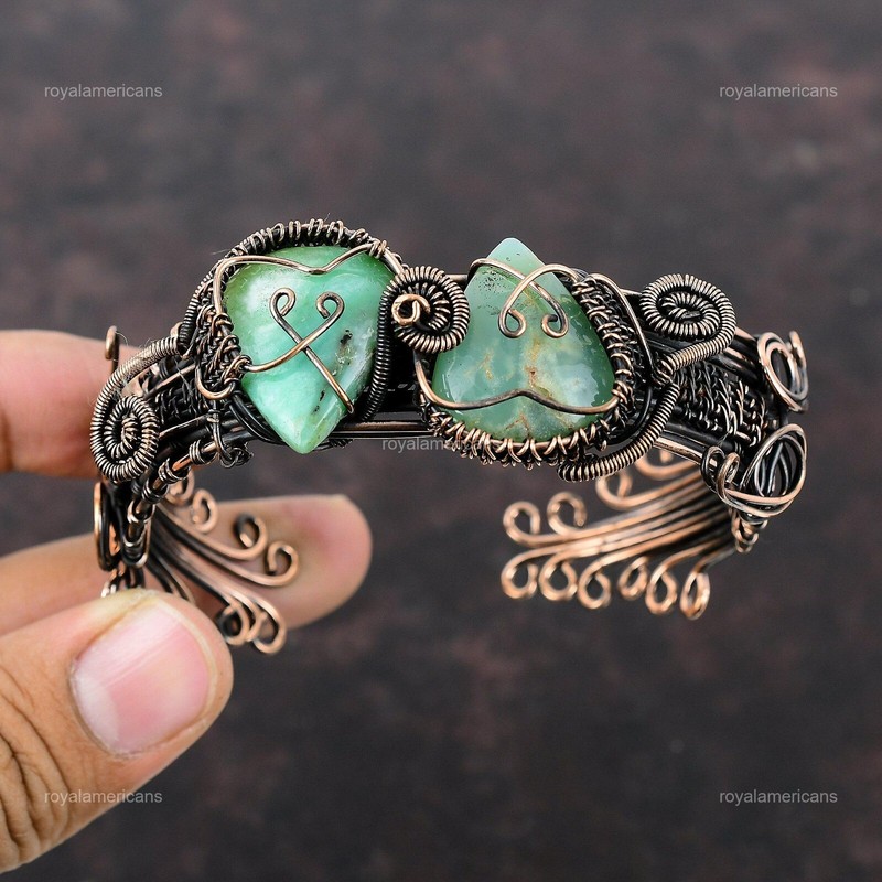 Gift For Her Chrysoprase Wire Wrapped Cuff Adjustable Bangle Copper Jewelry gallery